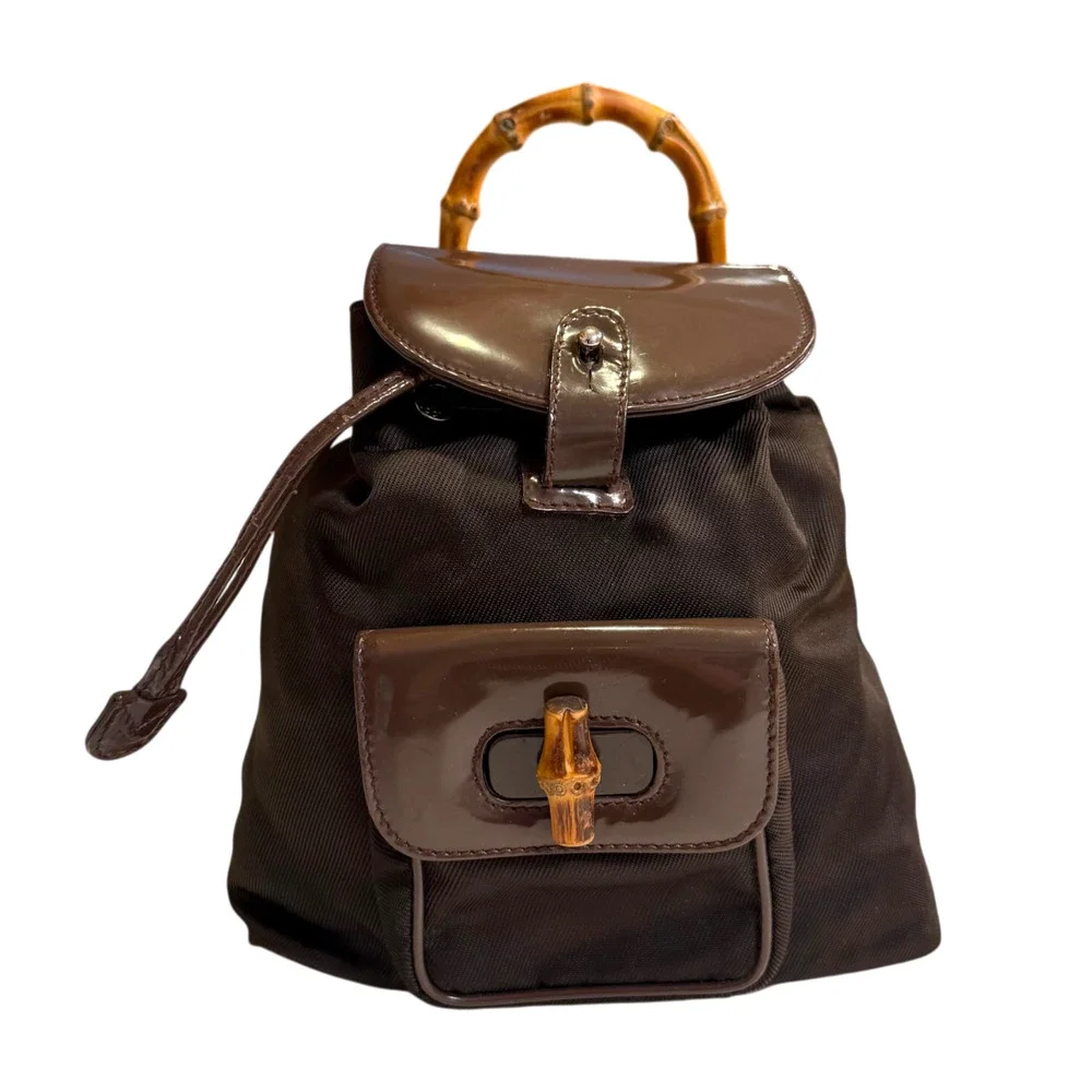 Vintage Gucci Brown Mini Backpack w/ Bamboo Handle Patent Leather + Nylon Auth